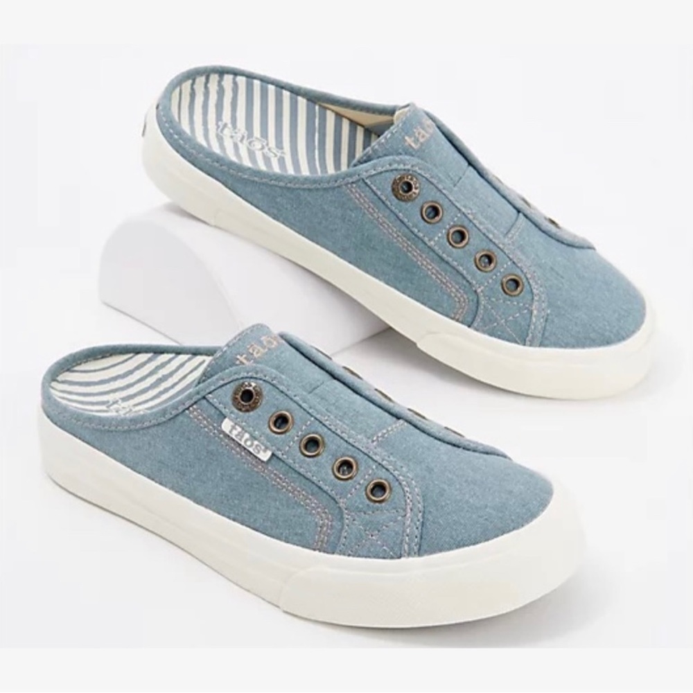 ❌SOLD OUT❌NIB Taos Footwear EZ Soul Mule Sneaker Lake Blue Wash Canvas 7.5M - Picture 2 of 12